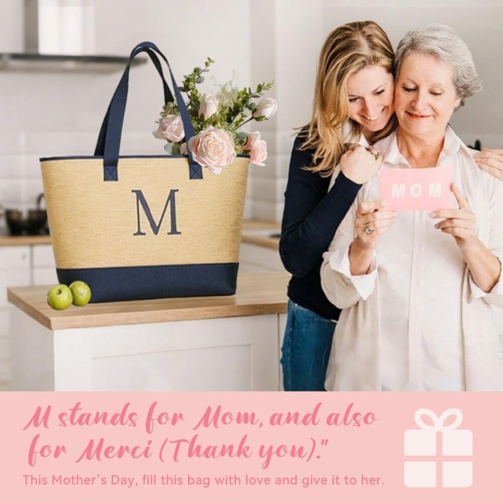 Woven Tote Bag for Women, Lightweigh Monogram Beach Bag with Zipper & Sand-Proof - Picture 2 of 10